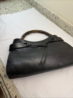 Gucci Black Leather Shoulder Bag with Bamboo Handle